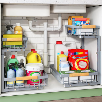 Under Sink Organizer, 2 Tier Under the Sink Storage, Slide out Pull out Cabinet Organizer Shelf, Metal Sliding Drawer for Kitchen Bathroom Pantry Closet Organization Rack, Black, 2 Pack