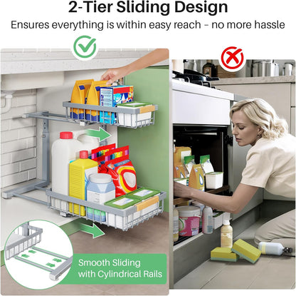 Under Sink Organizer, 2 Tier Under the Sink Storage, Slide out Pull out Cabinet Organizer Shelf, Metal Sliding Drawer for Kitchen Bathroom Pantry Closet Organization Rack, Black, 2 Pack