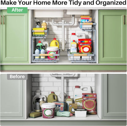 Under Sink Organizer, 2 Tier Under the Sink Storage, Slide out Pull out Cabinet Organizer Shelf, Metal Sliding Drawer for Kitchen Bathroom Pantry Closet Organization Rack, Black, 2 Pack