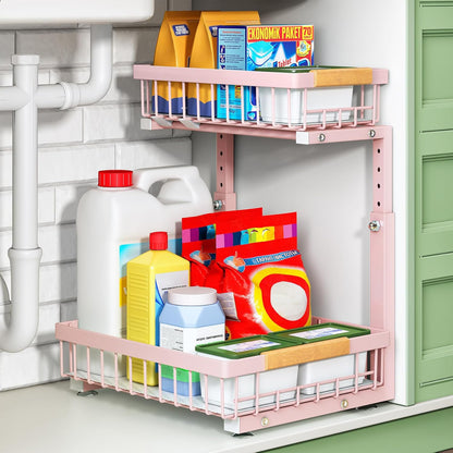 Under Sink Organizer, 2 Tier Under the Sink Storage, Slide out Pull out Cabinet Organizer Shelf, Metal Sliding Drawer for Kitchen Bathroom Pantry Closet Organization Rack, Black, 2 Pack