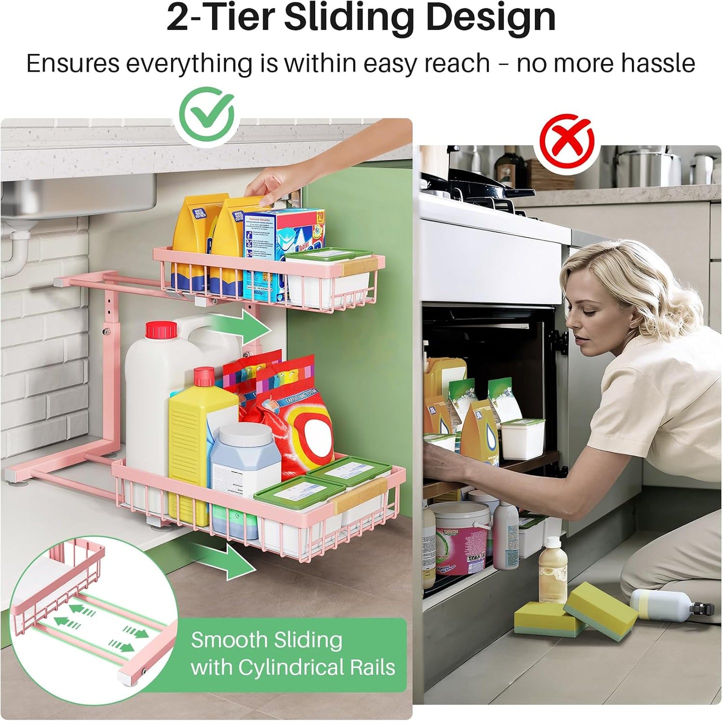 Under Sink Organizer, 2 Tier Under the Sink Storage, Slide out Pull out Cabinet Organizer Shelf, Metal Sliding Drawer for Kitchen Bathroom Pantry Closet Organization Rack, Black, 2 Pack