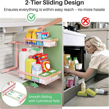 Under Sink Organizer, 2 Tier Under the Sink Storage, Slide out Pull out Cabinet Organizer Shelf, Metal Sliding Drawer for Kitchen Bathroom Pantry Closet Organization Rack, Black, 2 Pack