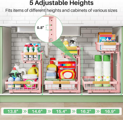 Under Sink Organizer, 2 Tier Under the Sink Storage, Slide out Pull out Cabinet Organizer Shelf, Metal Sliding Drawer for Kitchen Bathroom Pantry Closet Organization Rack, Black, 2 Pack