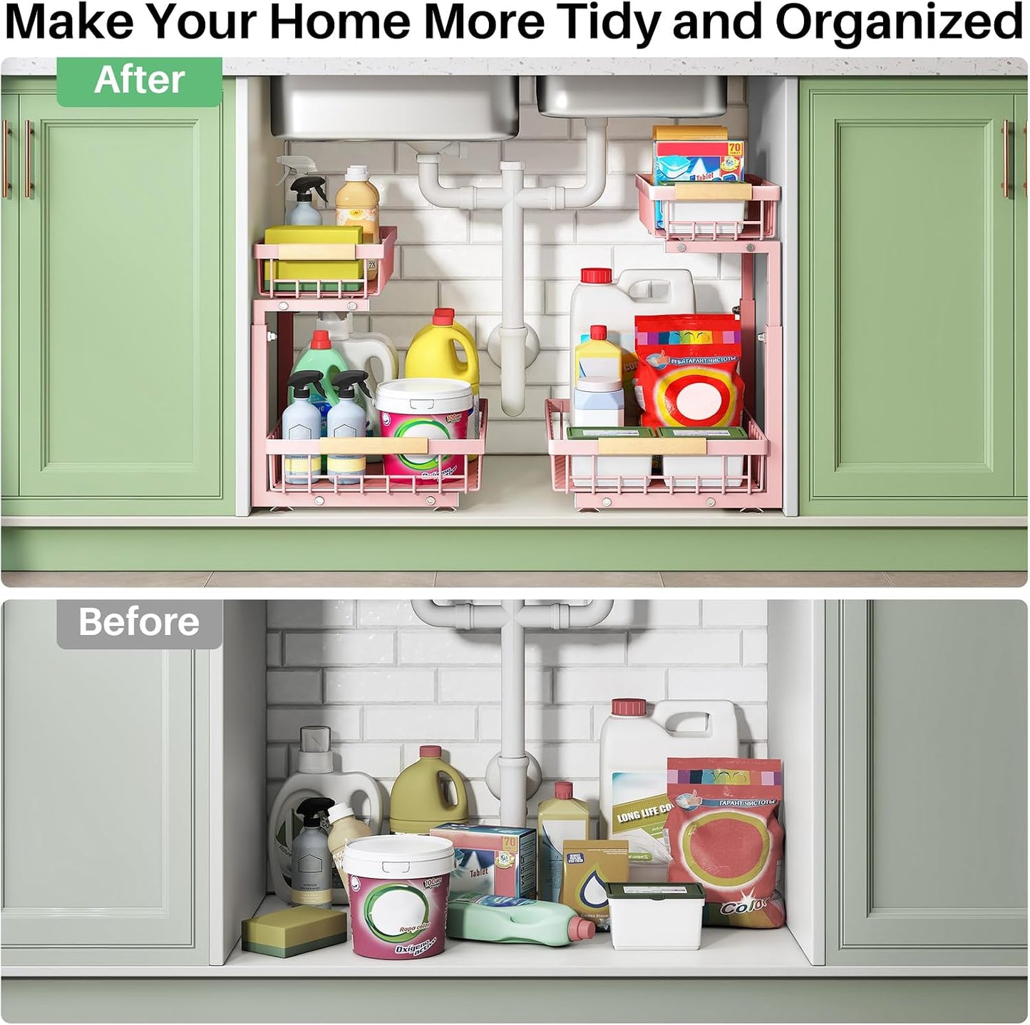 Under Sink Organizer, 2 Tier Under the Sink Storage, Slide out Pull out Cabinet Organizer Shelf, Metal Sliding Drawer for Kitchen Bathroom Pantry Closet Organization Rack, Black, 2 Pack