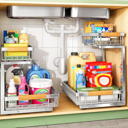 Under Sink Organizer, 2 Tier Under the Sink Storage, Slide out Pull out Cabinet Organizer Shelf, Metal Sliding Drawer for Kitchen Bathroom Pantry Closet Organization Rack, Black, 2 Pack