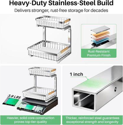 Under Sink Organizer, 2 Tier Under the Sink Storage, Slide out Pull out Cabinet Organizer Shelf, Metal Sliding Drawer for Kitchen Bathroom Pantry Closet Organization Rack, Black, 2 Pack