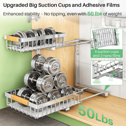 Under Sink Organizer, 2 Tier Under the Sink Storage, Slide out Pull out Cabinet Organizer Shelf, Metal Sliding Drawer for Kitchen Bathroom Pantry Closet Organization Rack, Black, 2 Pack