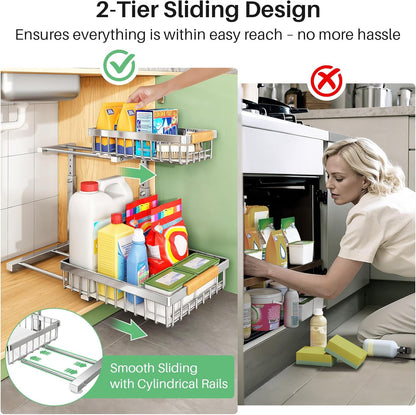 Under Sink Organizer, 2 Tier Under the Sink Storage, Slide out Pull out Cabinet Organizer Shelf, Metal Sliding Drawer for Kitchen Bathroom Pantry Closet Organization Rack, Black, 2 Pack
