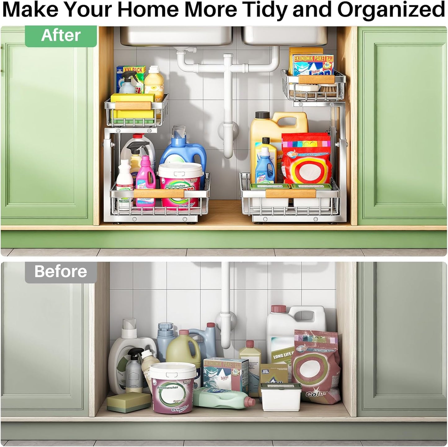 Under Sink Organizer, 2 Tier Under the Sink Storage, Slide out Pull out Cabinet Organizer Shelf, Metal Sliding Drawer for Kitchen Bathroom Pantry Closet Organization Rack, Black, 2 Pack