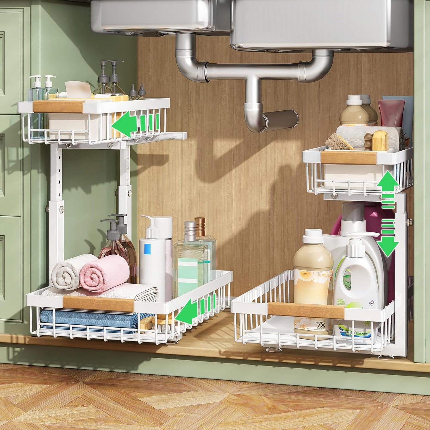 Under Sink Organizer, 2 Tier Under the Sink Storage, Slide out Pull out Cabinet Organizer Shelf, Metal Sliding Drawer for Kitchen Bathroom Pantry Closet Organization Rack, Black, 2 Pack