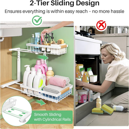 Under Sink Organizer, 2 Tier Under the Sink Storage, Slide out Pull out Cabinet Organizer Shelf, Metal Sliding Drawer for Kitchen Bathroom Pantry Closet Organization Rack, Black, 2 Pack