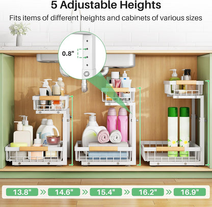 Under Sink Organizer, 2 Tier Under the Sink Storage, Slide out Pull out Cabinet Organizer Shelf, Metal Sliding Drawer for Kitchen Bathroom Pantry Closet Organization Rack, Black, 2 Pack
