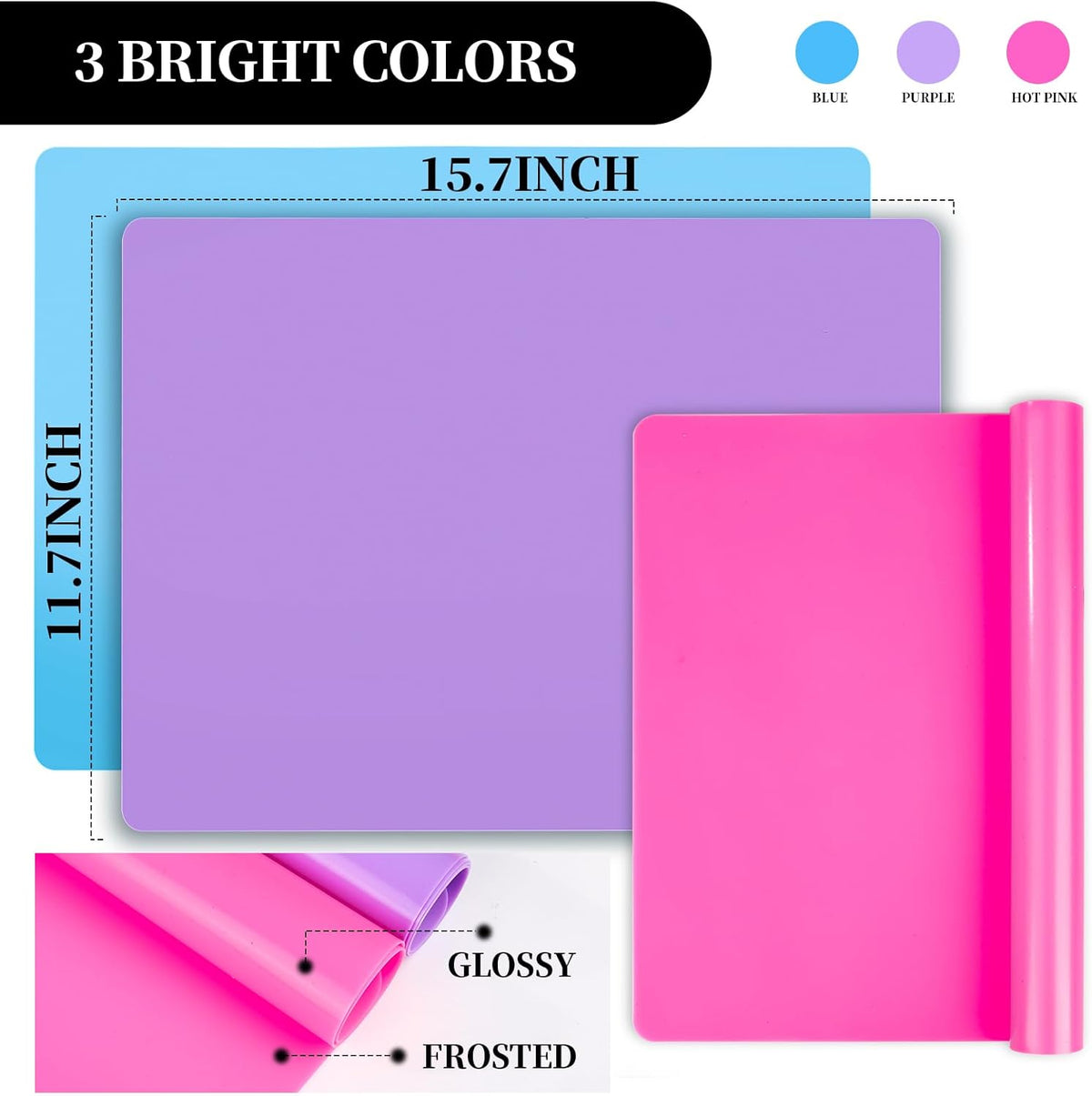 Silicone Mat for Resin Molds, 3 PCS Silicone Mats for Epoxy Resin, UV Resin, Play Dough Mat, Clay Mat, Nonstick Silicone Sheets Pads for DIY Arts and Crafts, Pink & Purple & Blue, 15.7”x 11.7”