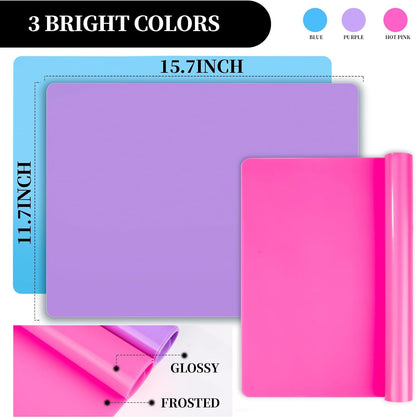 Silicone Mat for Resin Molds, 3 PCS Silicone Mats for Epoxy Resin, UV Resin, Play Dough Mat, Clay Mat, Nonstick Silicone Sheets Pads for DIY Arts and Crafts, Pink & Purple & Blue, 15.7”x 11.7”