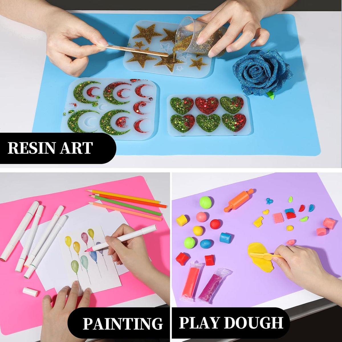 Silicone Mat for Resin Molds, 3 PCS Silicone Mats for Epoxy Resin, UV Resin, Play Dough Mat, Clay Mat, Nonstick Silicone Sheets Pads for DIY Arts and Crafts, Pink & Purple & Blue, 15.7”x 11.7”