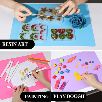 Silicone Mat for Resin Molds, 3 PCS Silicone Mats for Epoxy Resin, UV Resin, Play Dough Mat, Clay Mat, Nonstick Silicone Sheets Pads for DIY Arts and Crafts, Pink & Purple & Blue, 15.7”x 11.7”