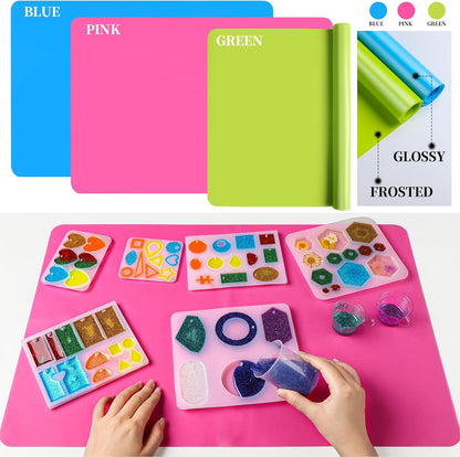 Silicone Mat for Resin Molds, 3 PCS Silicone Mats for Epoxy Resin, UV Resin, Play Dough Mat, Clay Mat, Nonstick Silicone Sheets Pads for DIY Arts and Crafts, Pink & Purple & Blue, 15.7”x 11.7”