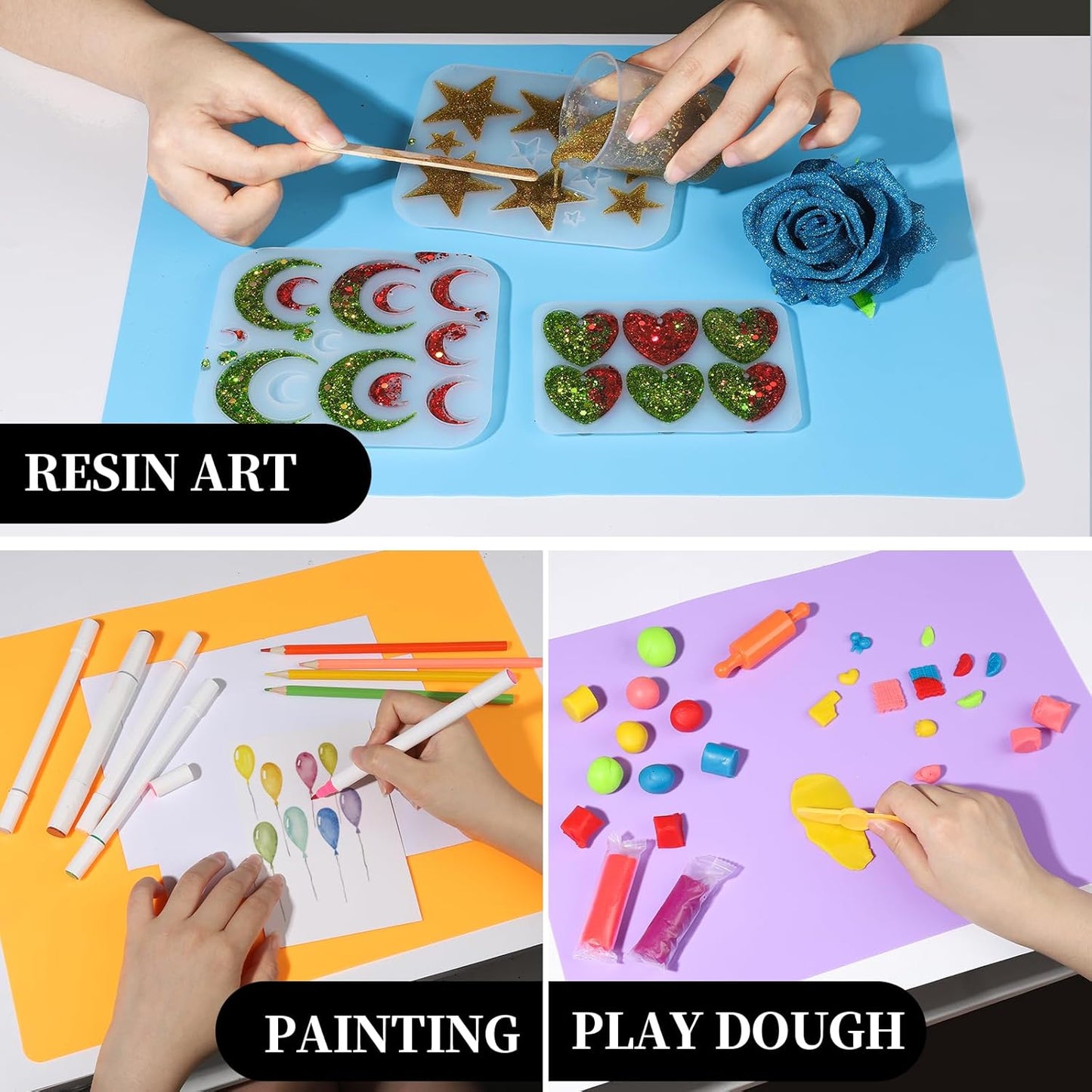 Silicone Mat for Resin Molds, 3 PCS Silicone Mats for Epoxy Resin, UV Resin, Play Dough Mat, Clay Mat, Nonstick Silicone Sheets Pads for DIY Arts and Crafts, Pink & Purple & Blue, 15.7”x 11.7”