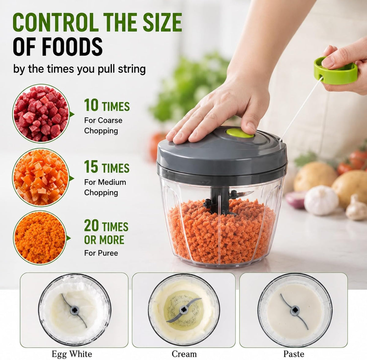 Manual Food Chopper, Hand Pull Vegetable Chopper with Stainless Steel Blades, Multi-Function Food Processor for Onion, Garlic, Meat & Fruits (600ml)