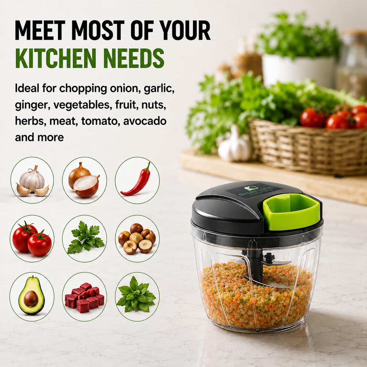 Manual Food Chopper, Hand Pull Vegetable Chopper with Stainless Steel Blades, Multi-Function Food Processor for Onion, Garlic, Meat & Fruits (600ml)