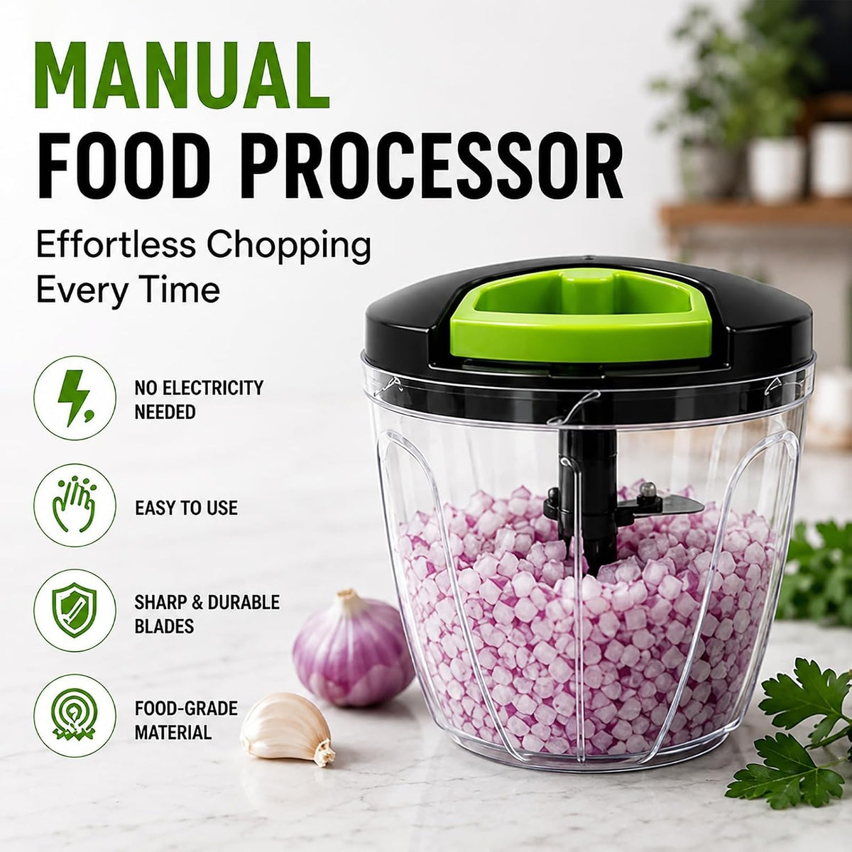 Manual Food Chopper, Hand Pull Vegetable Chopper with Stainless Steel Blades, Multi-Function Food Processor for Onion, Garlic, Meat & Fruits (600ml)