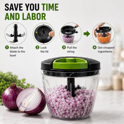 Manual Food Chopper, Hand Pull Vegetable Chopper with Stainless Steel Blades, Multi-Function Food Processor for Onion, Garlic, Meat & Fruits (600ml)