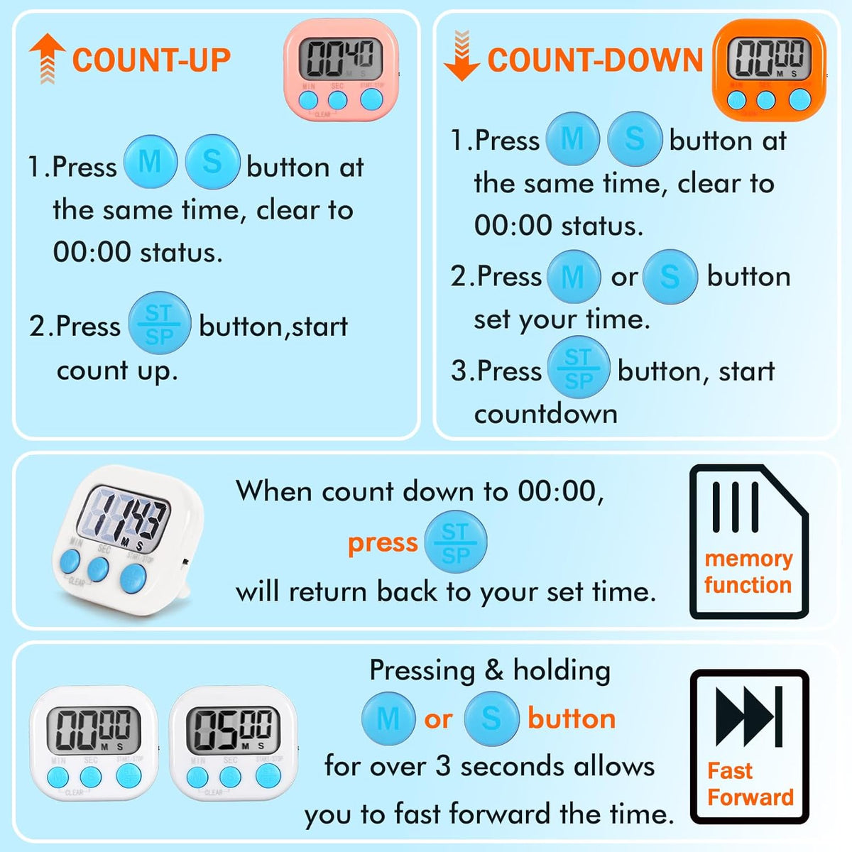 6 Pack Multi-Function Electronic Timer, Learning Management, Suitable for Kitchen, Study, Work, Exercise Training, Outdoor Activities(not Including Battery)