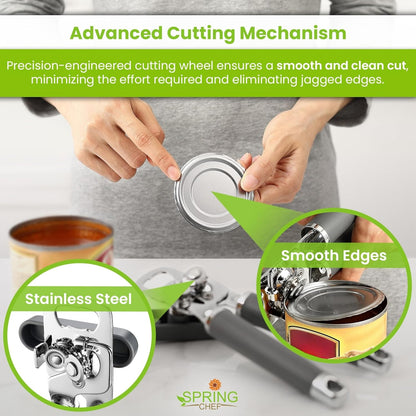 Stainless Steel Can Opener - Manual with Soft Grip Handles, Easy Turn, Heavy Duty Hand Can Openers for Seniors with Smooth Edge - Magnetic Lid Remover - Black