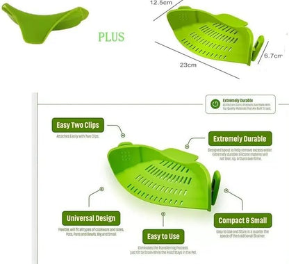 Kitchen SNAP'N STRAIN Collapsible Colander Plus Soup Funnel Universal Size - Clip-On Strainer for Pots and Pans, Cool Kitchen Gadgets - Essential Kitchen Finds and Cooking Tool - Easy to Use (GREEN)