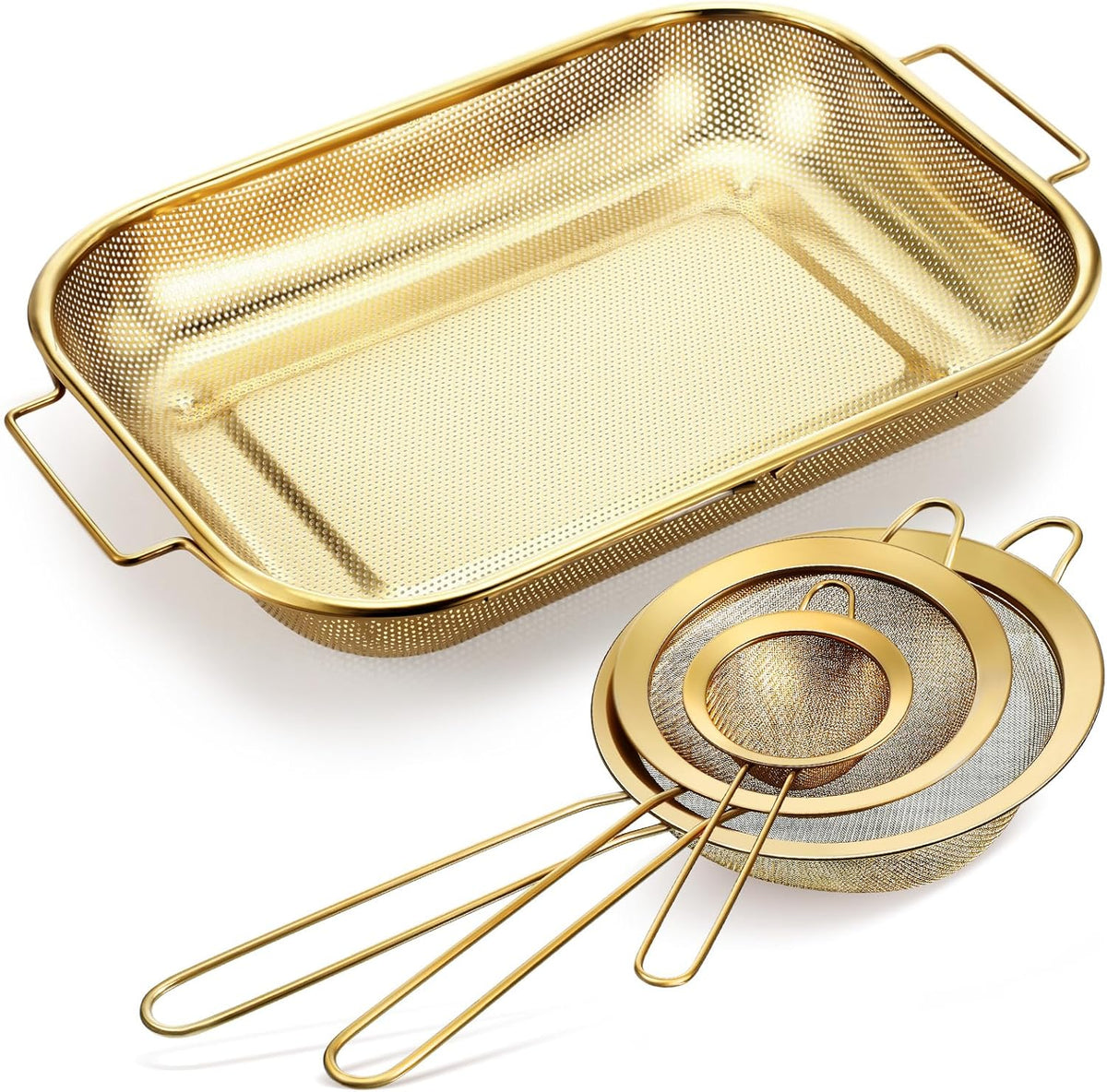 Gold Over the Sink Colander with Expandable Handles and 3 Pcs Gold Fine Mesh Strainer Large Stainless Steel Colander Strainer Basket for Kitchen Accessories (15-18.1 L x 10.6 W x 2.4 H)