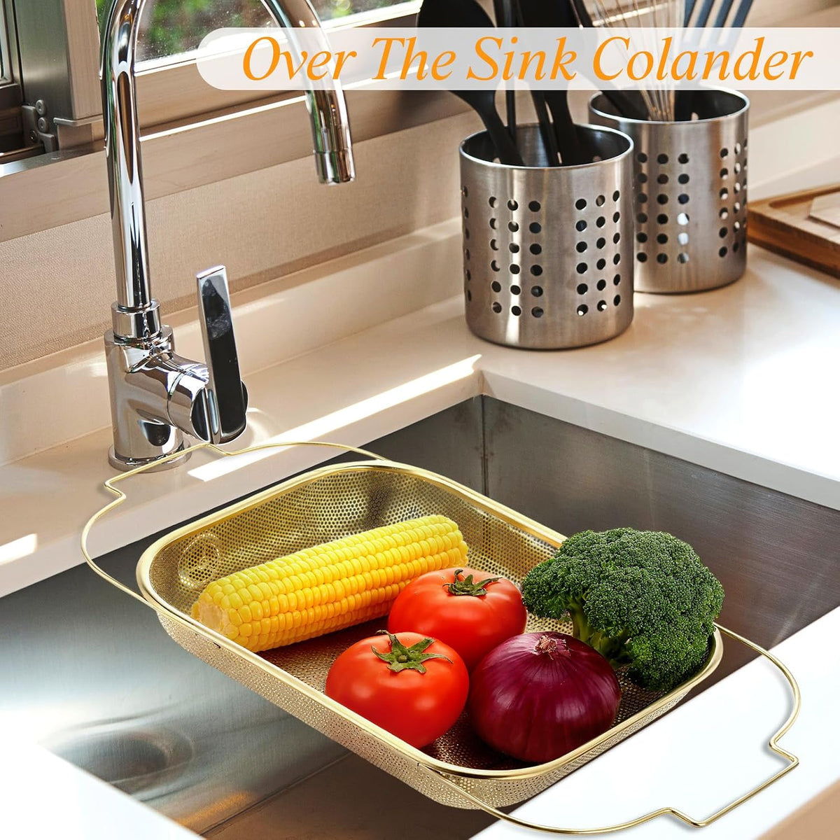 Gold Over the Sink Colander with Expandable Handles and 3 Pcs Gold Fine Mesh Strainer Large Stainless Steel Colander Strainer Basket for Kitchen Accessories (15-18.1 L x 10.6 W x 2.4 H)