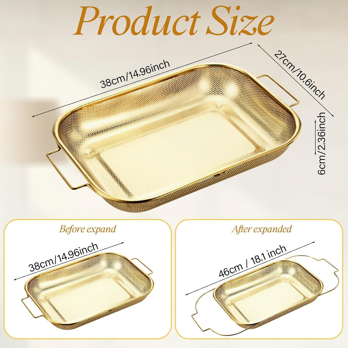 Gold Over the Sink Colander with Expandable Handles and 3 Pcs Gold Fine Mesh Strainer Large Stainless Steel Colander Strainer Basket for Kitchen Accessories (15-18.1 L x 10.6 W x 2.4 H)