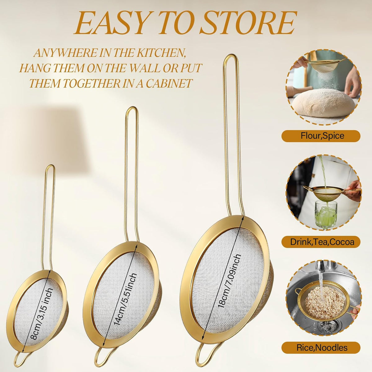 Gold Over the Sink Colander with Expandable Handles and 3 Pcs Gold Fine Mesh Strainer Large Stainless Steel Colander Strainer Basket for Kitchen Accessories (15-18.1 L x 10.6 W x 2.4 H)
