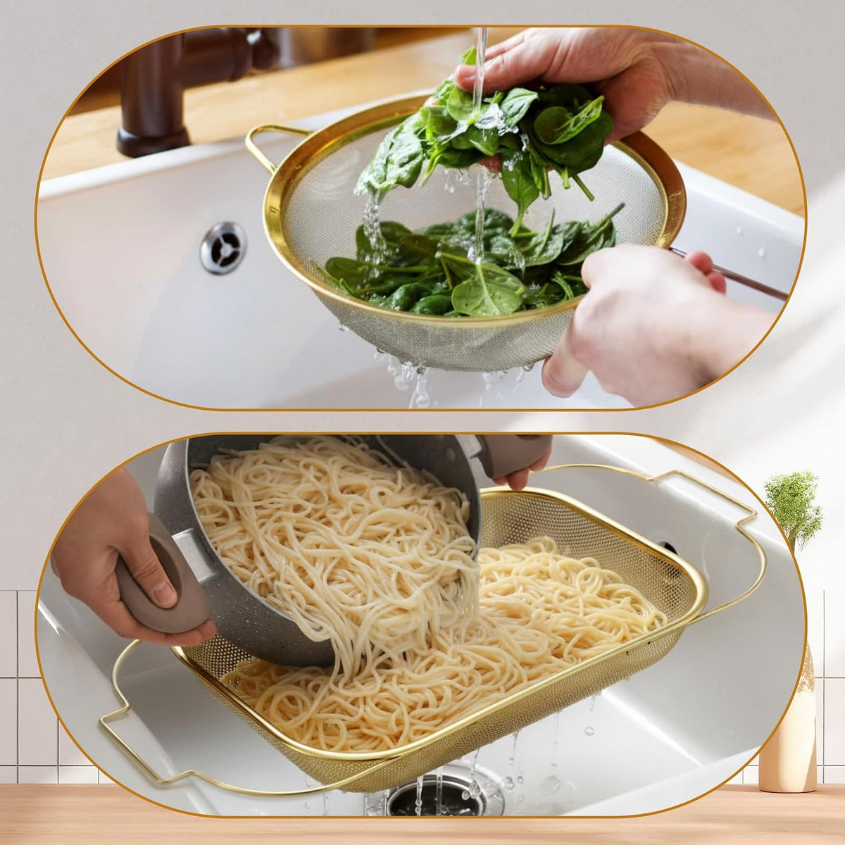 Gold Over the Sink Colander with Expandable Handles and 3 Pcs Gold Fine Mesh Strainer Large Stainless Steel Colander Strainer Basket for Kitchen Accessories (15-18.1 L x 10.6 W x 2.4 H)