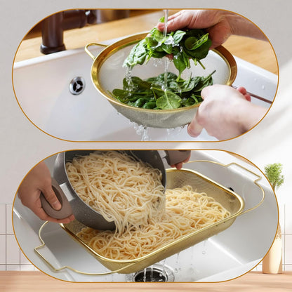 Gold Over the Sink Colander with Expandable Handles and 3 Pcs Gold Fine Mesh Strainer Large Stainless Steel Colander Strainer Basket for Kitchen Accessories (15-18.1 L x 10.6 W x 2.4 H)