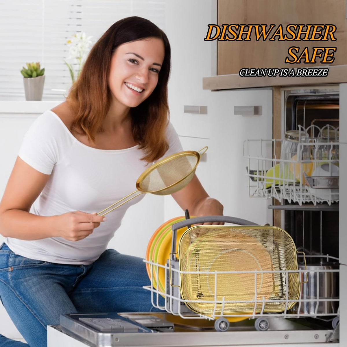 Gold Over the Sink Colander with Expandable Handles and 3 Pcs Gold Fine Mesh Strainer Large Stainless Steel Colander Strainer Basket for Kitchen Accessories (15-18.1 L x 10.6 W x 2.4 H)