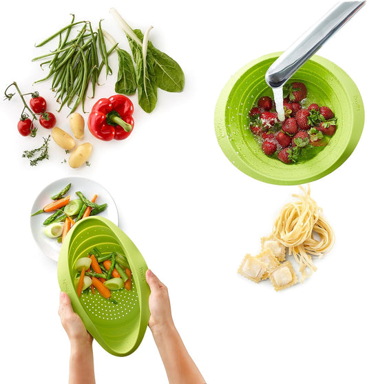 Collapsible Colander, 7 Inch - Compact Silicone Food Strainer, Space-Saving Kitchen Strainer for Pasta, Fruits, Vegetables - BPA-Free & Durable Anti-Slip Handles, Easy to Store & Clean (Green)