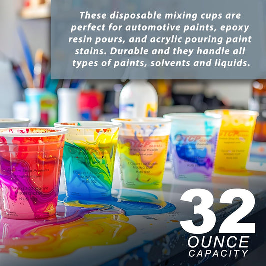 Paint Mixing Cups, 32-Ounce (Box of 100) - Plastic Measuring Cups for Liquids, Automotive Painting, Epoxy Resin, Acrylic Arts, Crafts, Disposable or Reusable, Graduated, Mixing Ratios