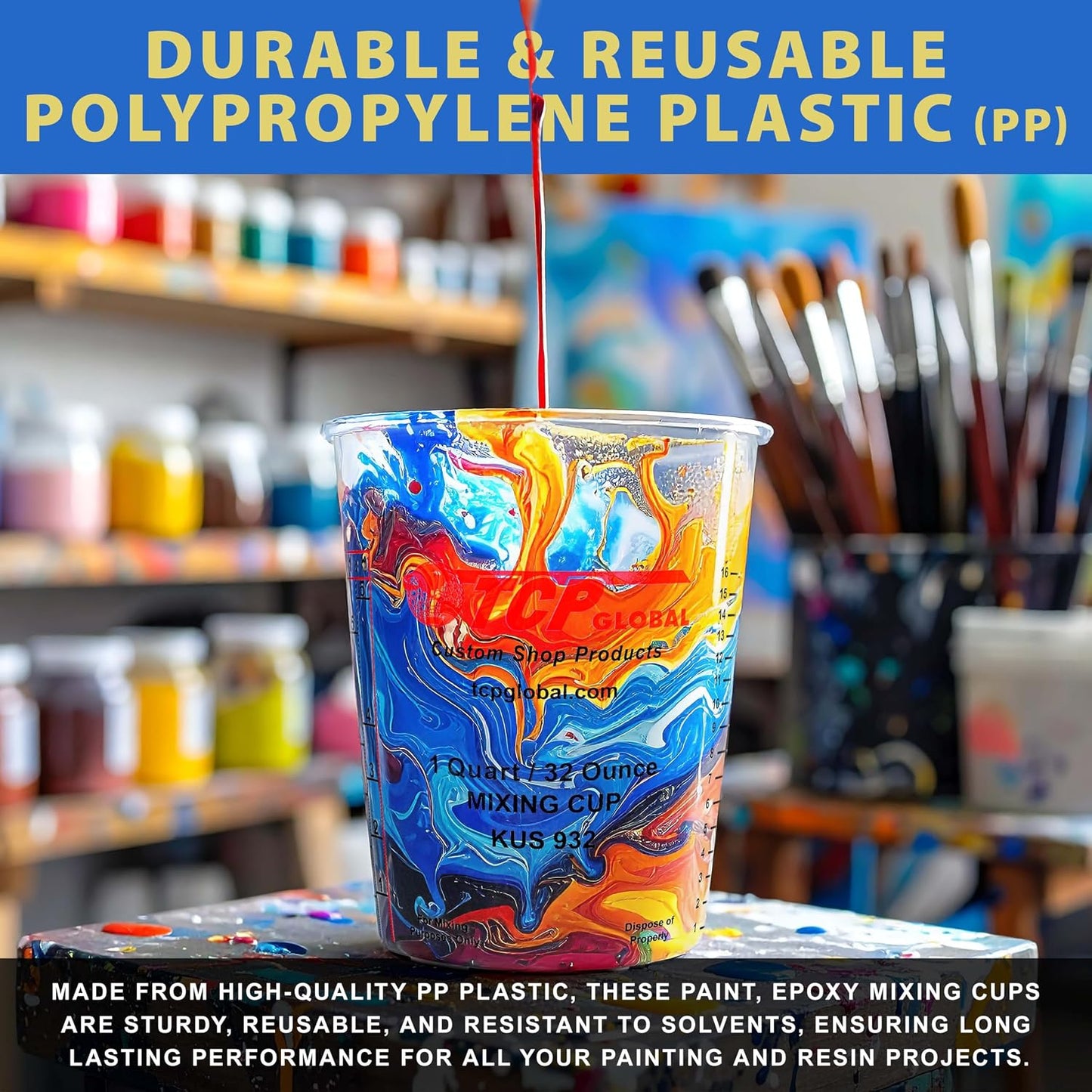 Paint Mixing Cups, 32-Ounce (Box of 100) - Plastic Measuring Cups for Liquids, Automotive Painting, Epoxy Resin, Acrylic Arts, Crafts, Disposable or Reusable, Graduated, Mixing Ratios
