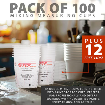 Paint Mixing Cups, 32-Ounce (Box of 100) - Plastic Measuring Cups for Liquids, Automotive Painting, Epoxy Resin, Acrylic Arts, Crafts, Disposable or Reusable, Graduated, Mixing Ratios