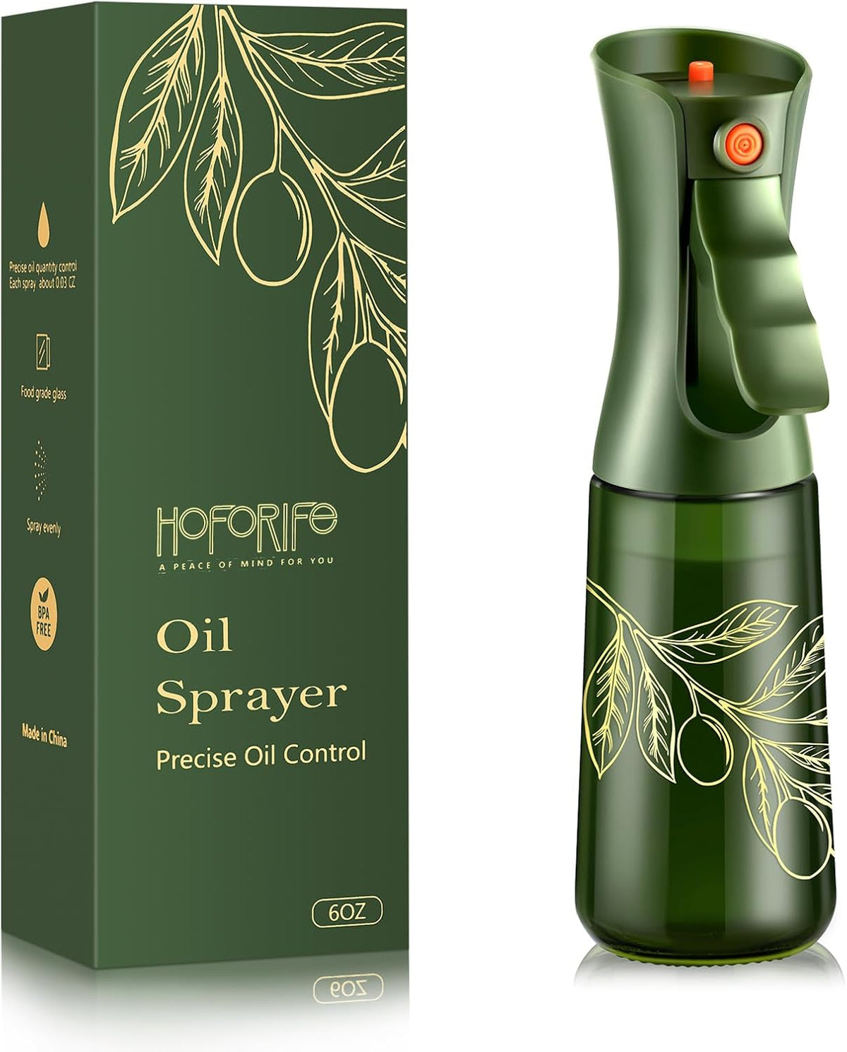 Glass Olive Oil Sprayer for Cooking 7.5 oz (Olive Green & Gold) | Oil Mister, Kitchen Refillable Continuous Oil Spray Bottle for Air Fryer, Portion Control, Leak Proof