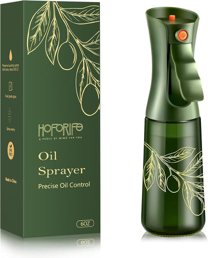 Glass Olive Oil Sprayer for Cooking 7.5 oz (Olive Green & Gold) | Oil Mister, Kitchen Refillable Continuous Oil Spray Bottle for Air Fryer, Portion Control, Leak Proof
