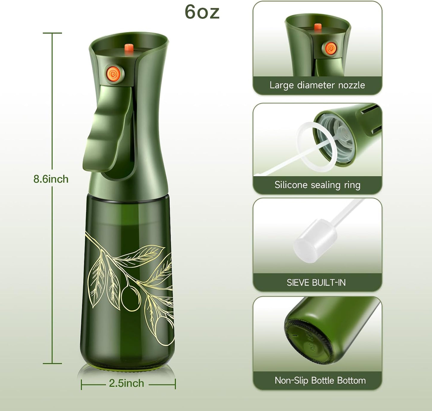 Glass Olive Oil Sprayer for Cooking 7.5 oz (Olive Green & Gold) | Oil Mister, Kitchen Refillable Continuous Oil Spray Bottle for Air Fryer, Portion Control, Leak Proof