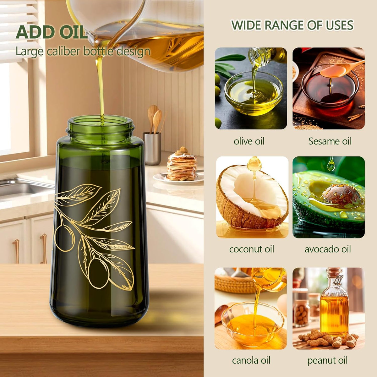 Glass Olive Oil Sprayer for Cooking 7.5 oz (Olive Green & Gold) | Oil Mister, Kitchen Refillable Continuous Oil Spray Bottle for Air Fryer, Portion Control, Leak Proof