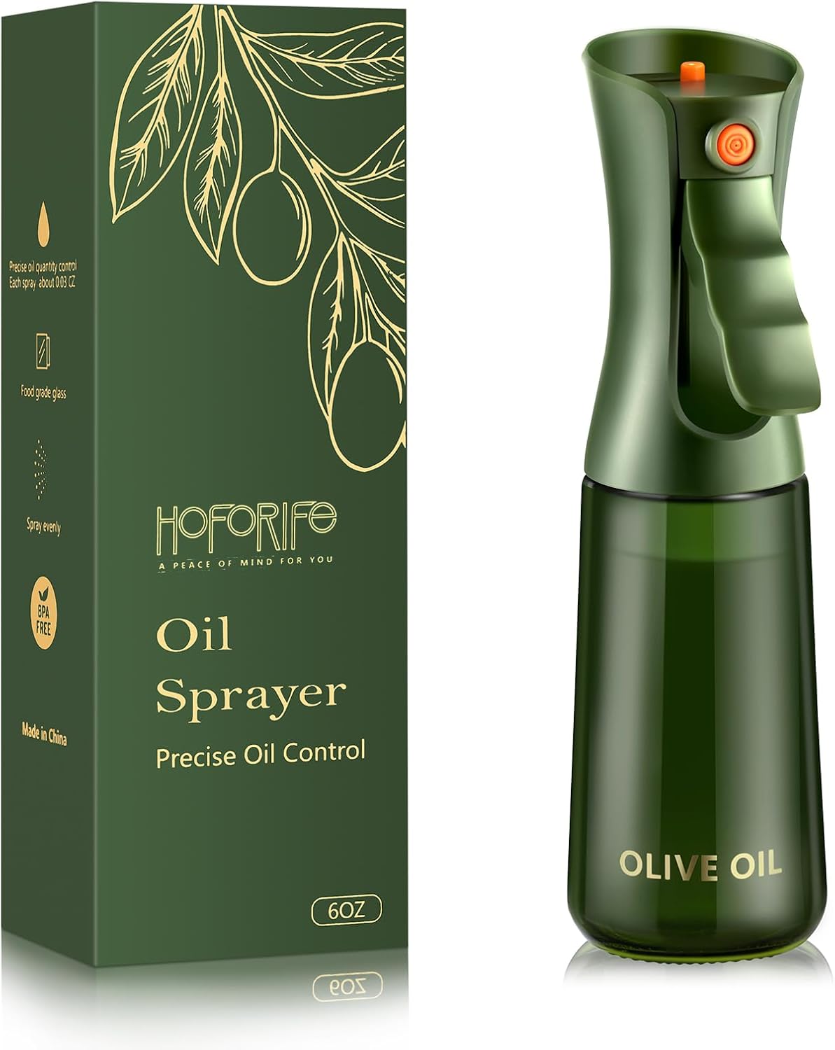Glass Olive Oil Sprayer for Cooking 7.5 oz (Olive Green & Gold) | Oil Mister, Kitchen Refillable Continuous Oil Spray Bottle for Air Fryer, Portion Control, Leak Proof