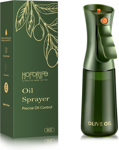 Glass Olive Oil Sprayer for Cooking 7.5 oz (Olive Green & Gold) | Oil Mister, Kitchen Refillable Continuous Oil Spray Bottle for Air Fryer, Portion Control, Leak Proof