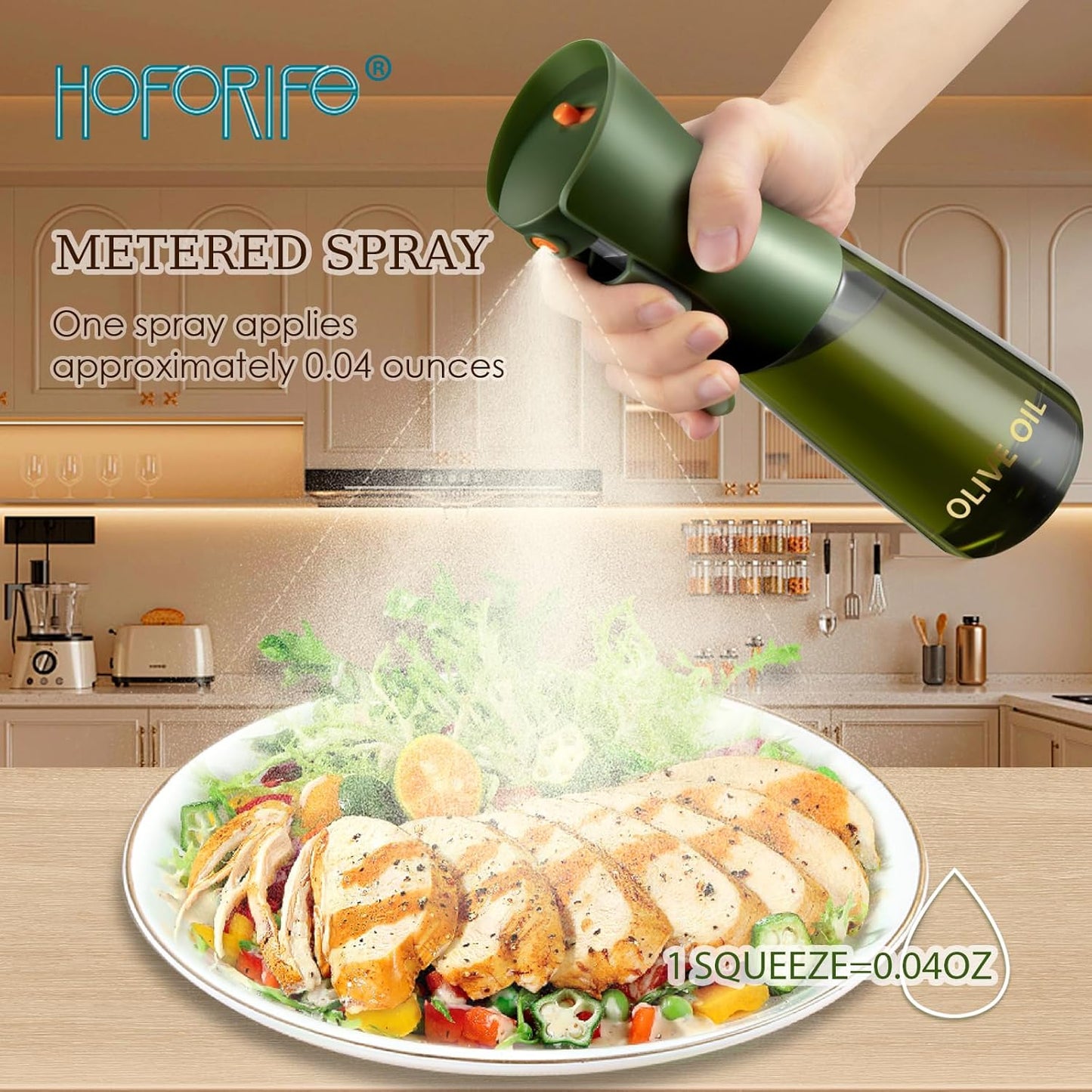 Glass Olive Oil Sprayer for Cooking 7.5 oz (Olive Green & Gold) | Oil Mister, Kitchen Refillable Continuous Oil Spray Bottle for Air Fryer, Portion Control, Leak Proof