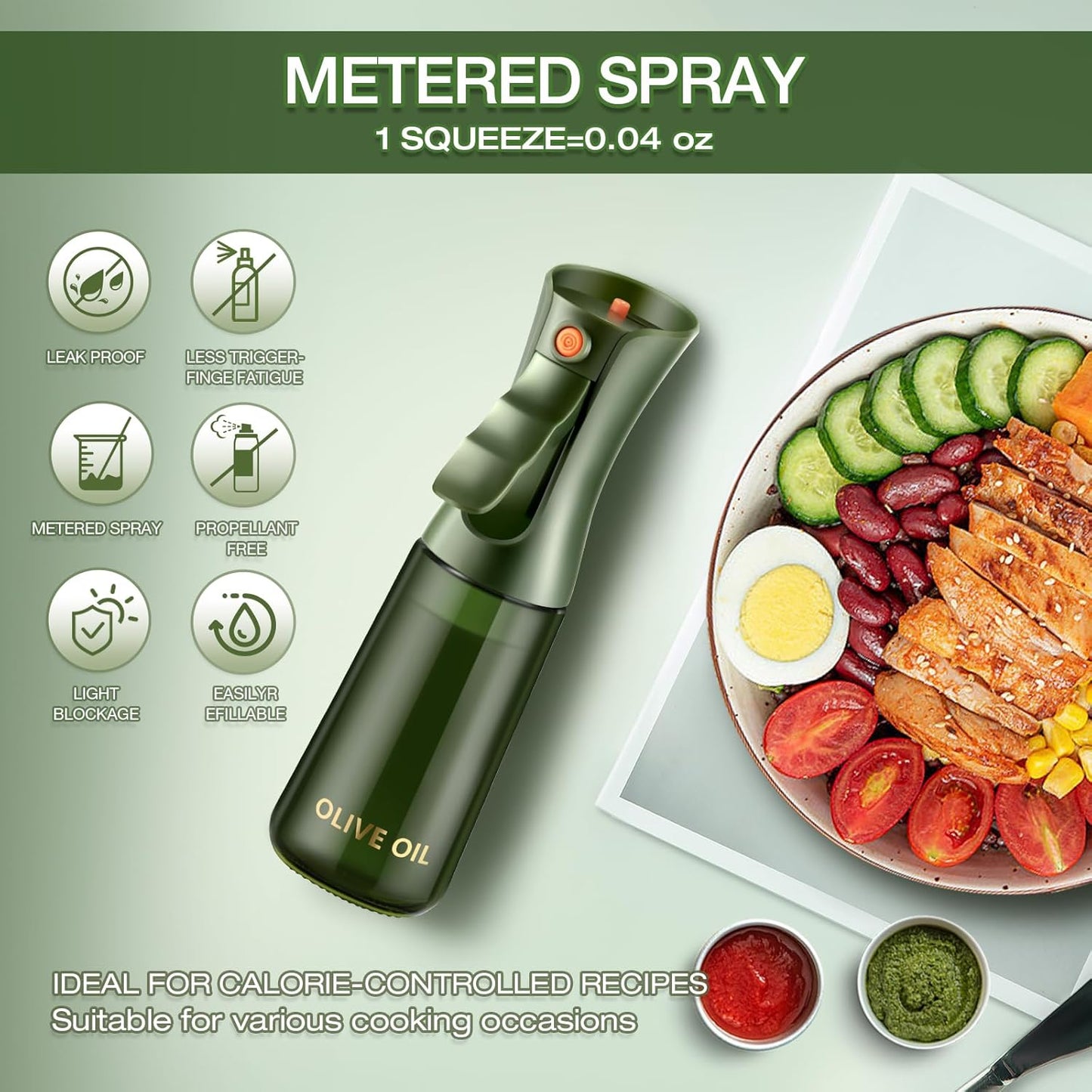 Glass Olive Oil Sprayer for Cooking 7.5 oz (Olive Green & Gold) | Oil Mister, Kitchen Refillable Continuous Oil Spray Bottle for Air Fryer, Portion Control, Leak Proof