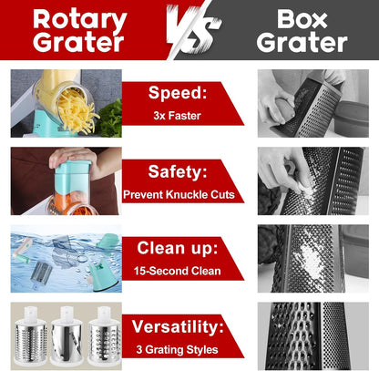 Cheese Grater Hand Crank, Rotary Vegetable Shredder with Handle and Strong Suction base, 3 in 1 Kitchen Speed Spin Veggie Slicer Nut Grinder for Pizza Top, Hash brown, Salad and More (Blue)