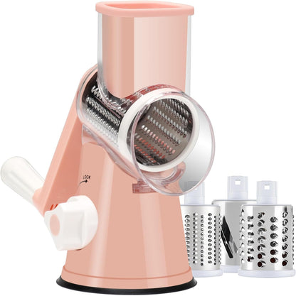 Cheese Grater Hand Crank, Rotary Vegetable Shredder with Handle and Strong Suction base, 3 in 1 Kitchen Speed Spin Veggie Slicer Nut Grinder for Pizza Top, Hash brown, Salad and More (Blue)
